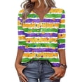 thumbnail image 2 of Mardi Gras Shirts Womens Sequins Sparkly V Neck Graphic Tee Mask Print 3/4 Sleeve Green Tunic Tops Green XL, 2 of 5
