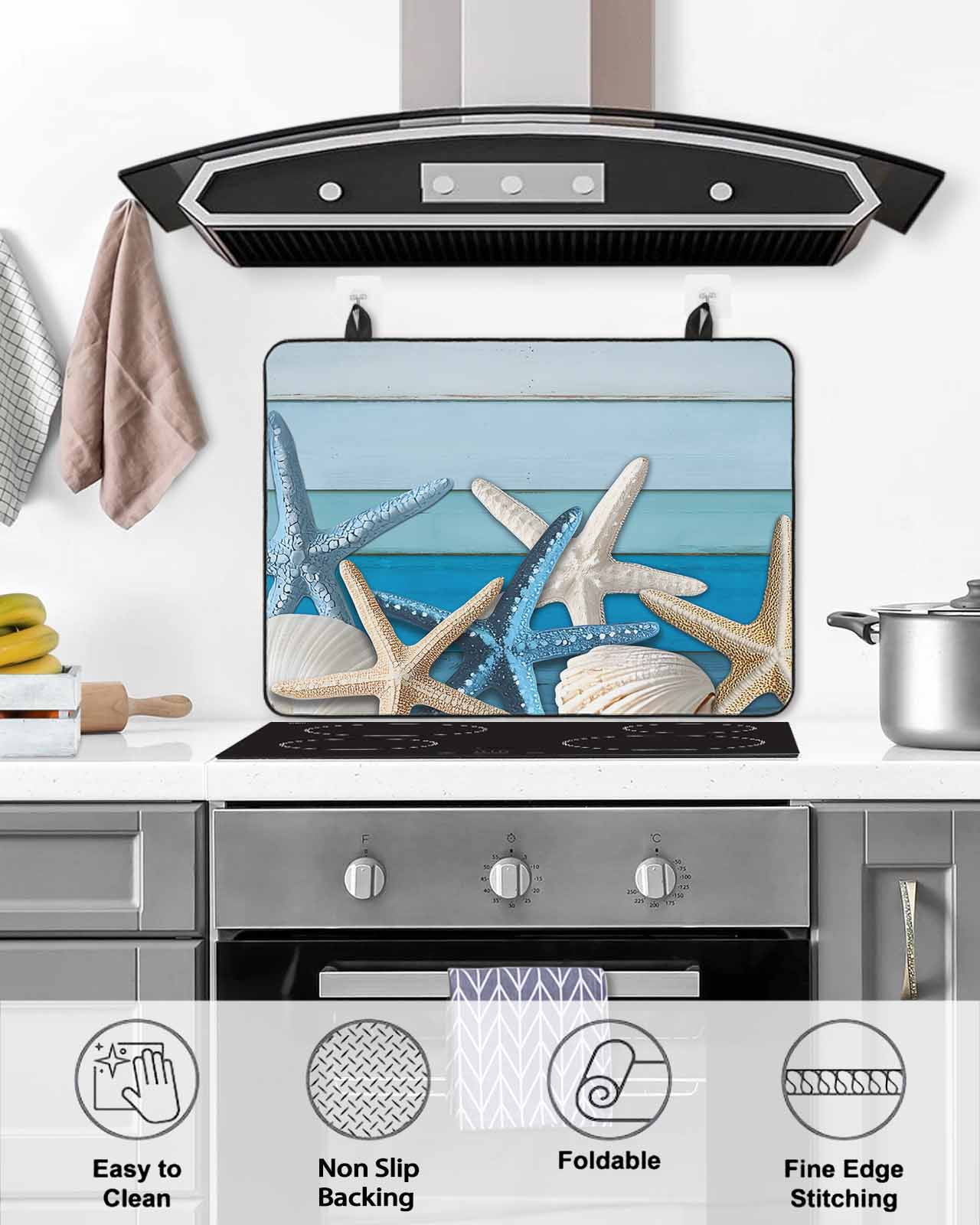 nqOlkjepod Large Induction Cooktop Protector Mat 36"x21", Coastal Starfish Stove Top Covers for Electric Stove, Summer Nautical Seshells Country Stove Burner Cover Mats, Glass Top Stove Cover