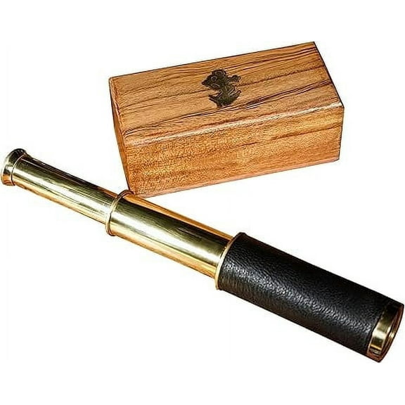 Mythrojan Telescope Brass Spyglass with Acacia Wooden Box Mini Vintage Telescope Pirate Decore Handmade Decorative Telescope for Travelers Adventurers - 9 inch