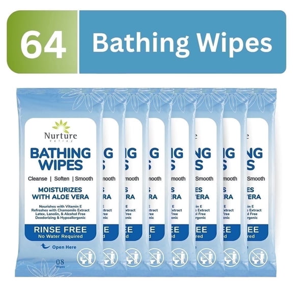Nurture Rinse-Free Bathing Wipes for Adults, 64 Count Waterless Body Bath Wipes with Aloe Vera & Vitamin E, No-Rinse Disposable Shower Wipes for Elderly, Disabled & Bedridden Care