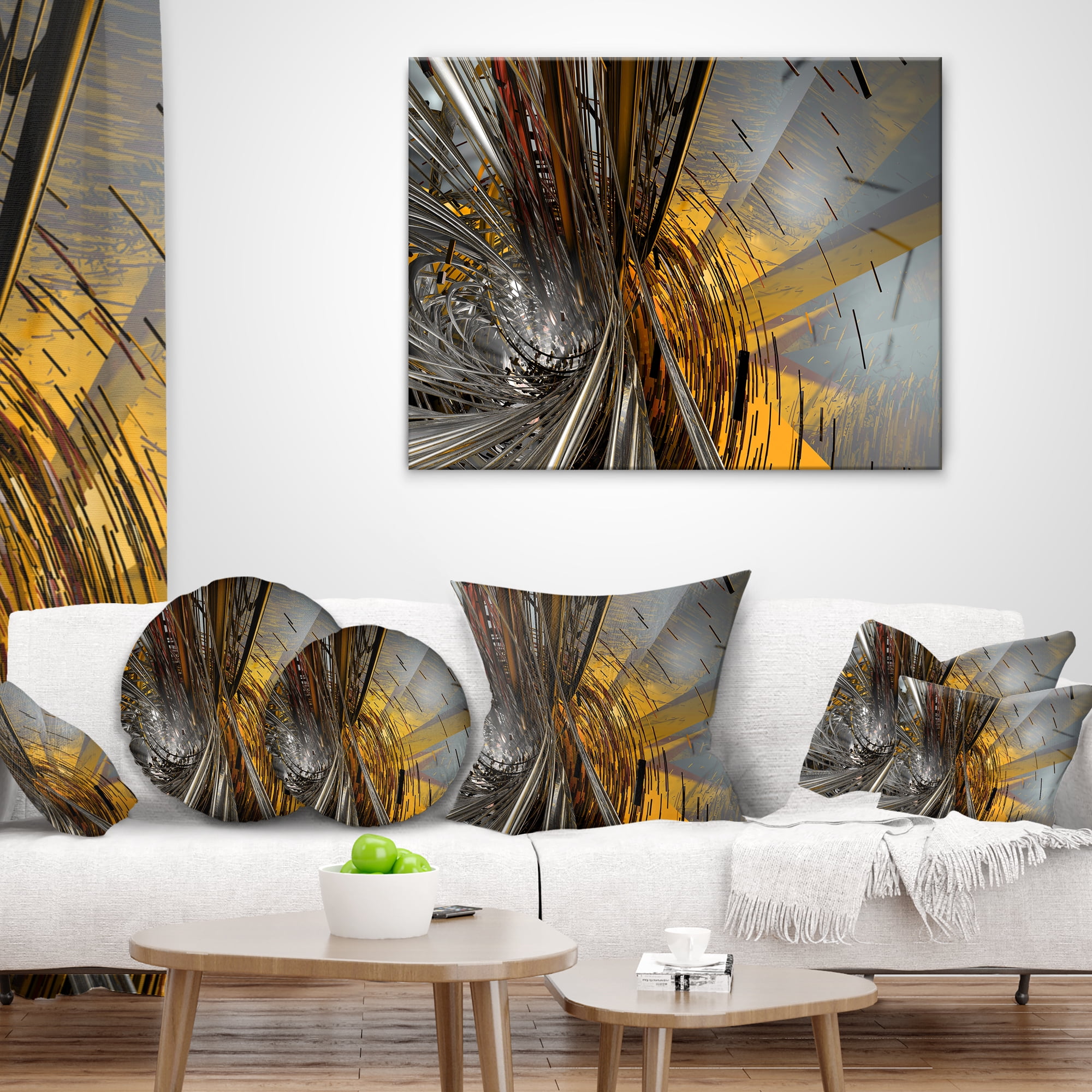 Designart Fractal Yellow Connected Stripes - Contemporary Throw Pillow - 12x20