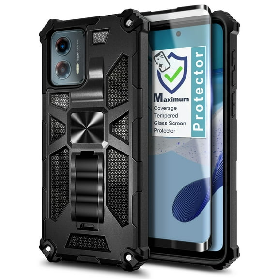 Nagebee Phone Case Compatible for Motorola Moto G 5G (2023) with Tempered Glass Screen Protector (Full Coverage), Full-Body Protective Shockproof [Military-Grade] Built in Kickstand Heavy-Duty (Black)