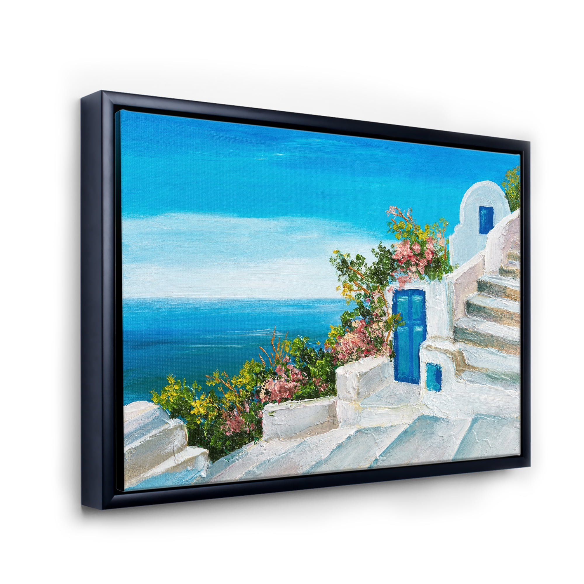 Designart 'House With Colorful Flowers Near The Sea IV' Nautical & Coastal Framed Canvas Wall Art Print
