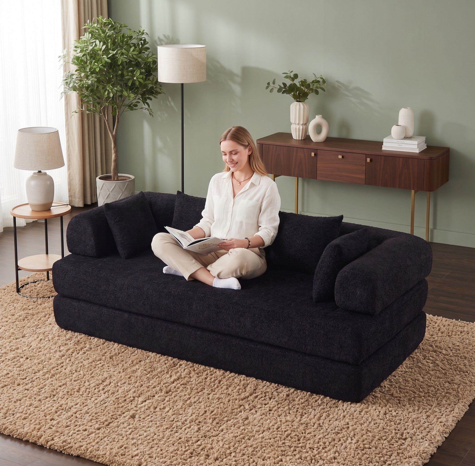 Sailvan 78.9" Convertible Sleeper Sofa, Modular Chenille Folding Mattress Sofa Bed with 4 Pillows, No Assembly Floor Lounge for Living Room Black