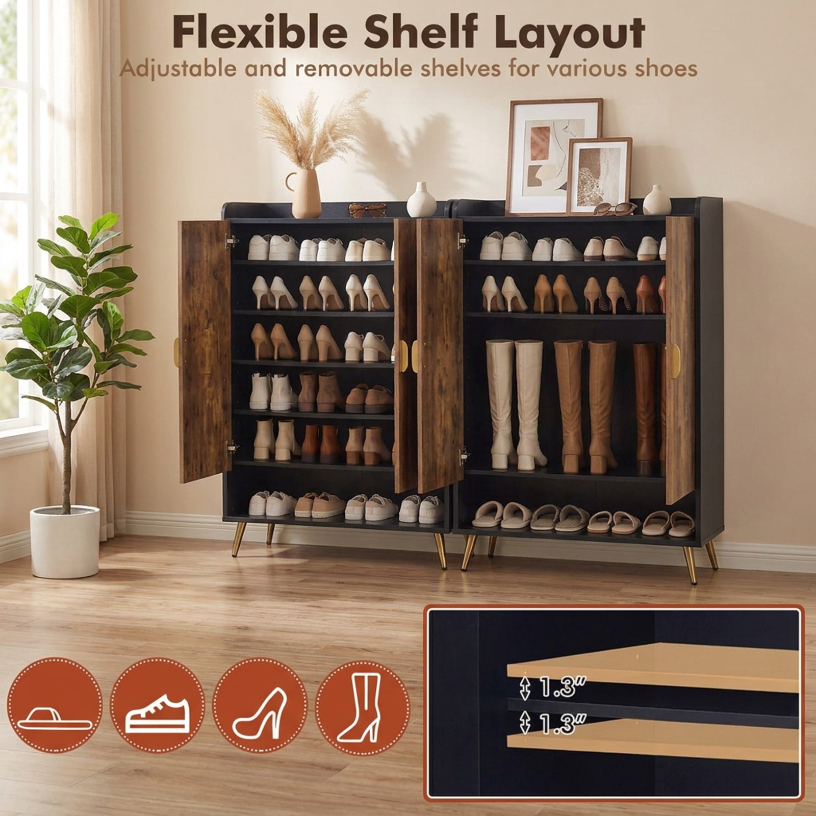 Furnibear 44 Inch Tall Shoe Storage Cabinet with 7 Tier Doors and Adjustable Shelves for Entryway Closet Hallway, Rustic Brown