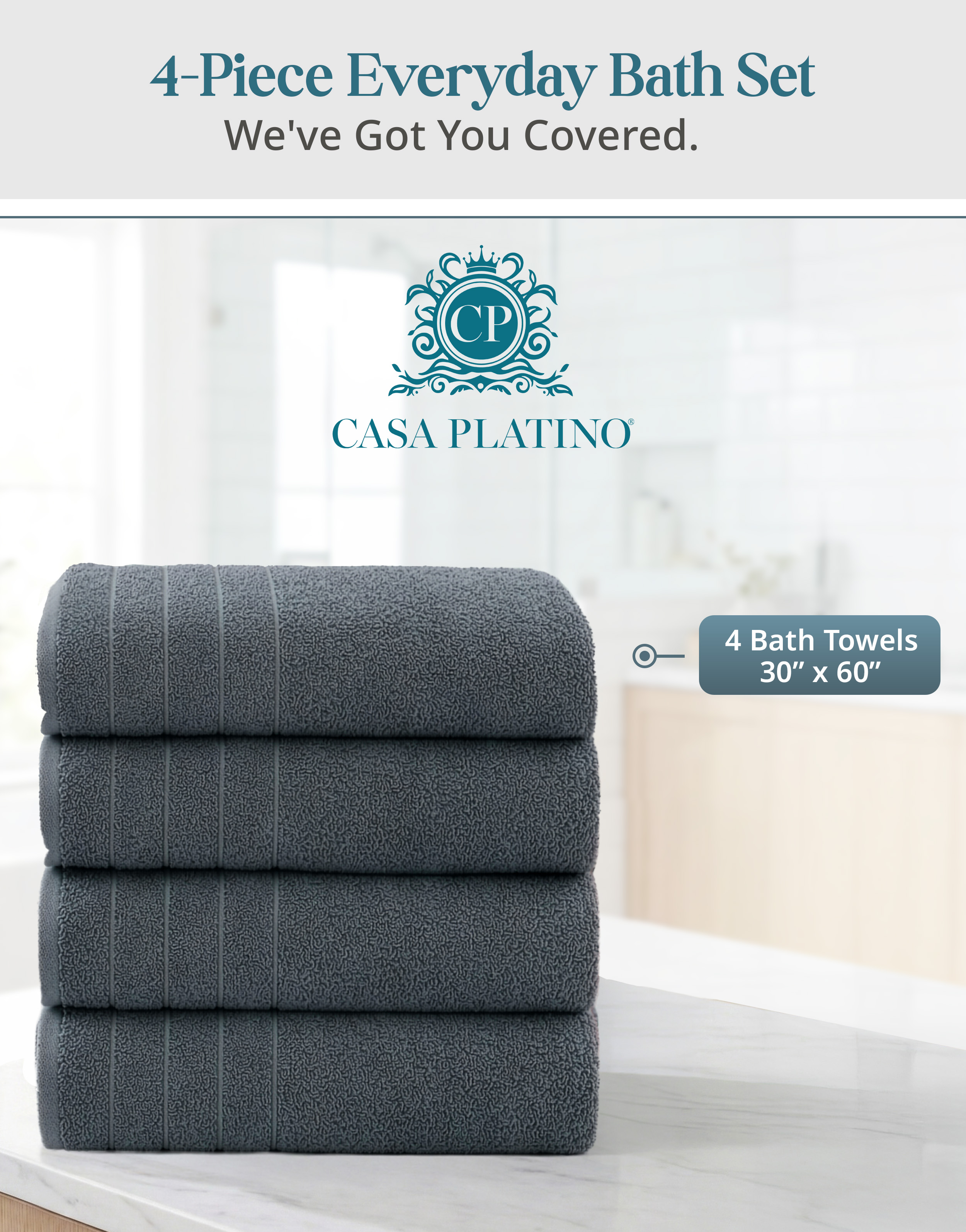 Casa Platino 4-Pack Bath Towels, 100% Cotton Ring Spun, Grey photo 3