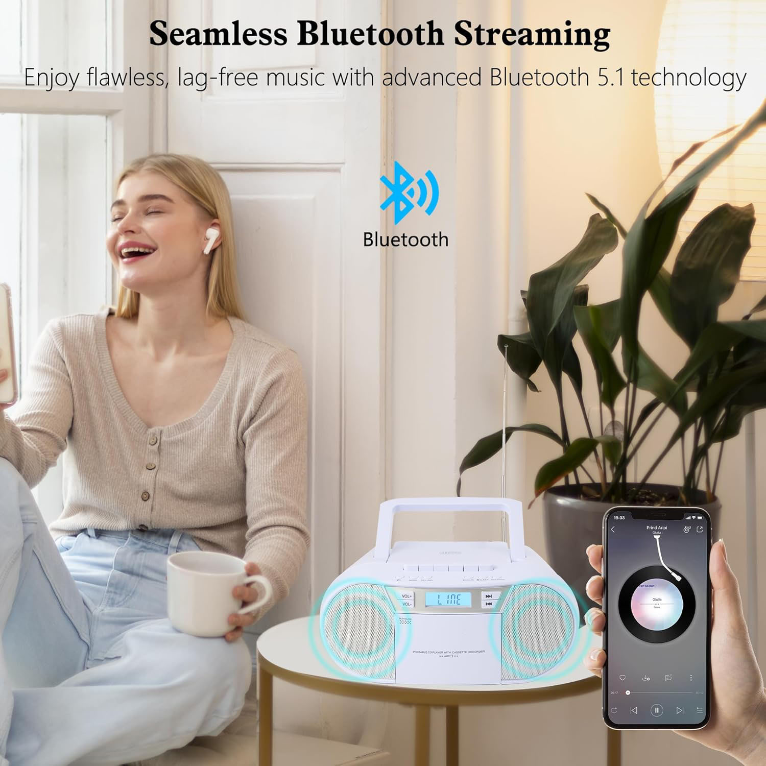 Boombox CD Player Portable, Cassette Player Combo with CD MP3 Bluetooth AUX TF USB FM Radio AC/DC Powered, with Remote Control, Headphone Jack, Stereo Sound for Home,Kids,Gift(White)