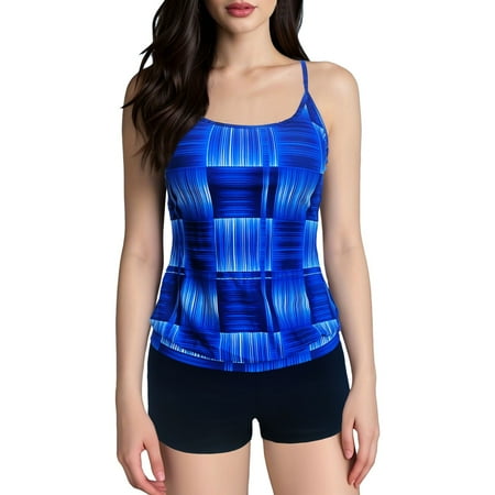 Women s Flowy Tankini Swimwear Set with Boyshorts  Tummy Control Two-Piece Bathing Suit Blue XXXXXL