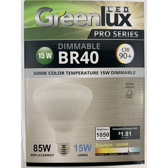 Greenlux LED Pro Series, BR40SA15W20DIM90W50K, BR40, 15 Watt, Dimmable Daylight LED Light Bulb