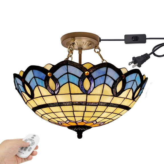 Kiven 11.8in Plug-in Flush Mount Ceiling Light Fixture, 3-Light Anti Glare Close to Ceiling Light with 15FT Cord, Tiffany-Style Glass Chandelier Dimmable for Bedroom Kitchen Hallway(No.3228)