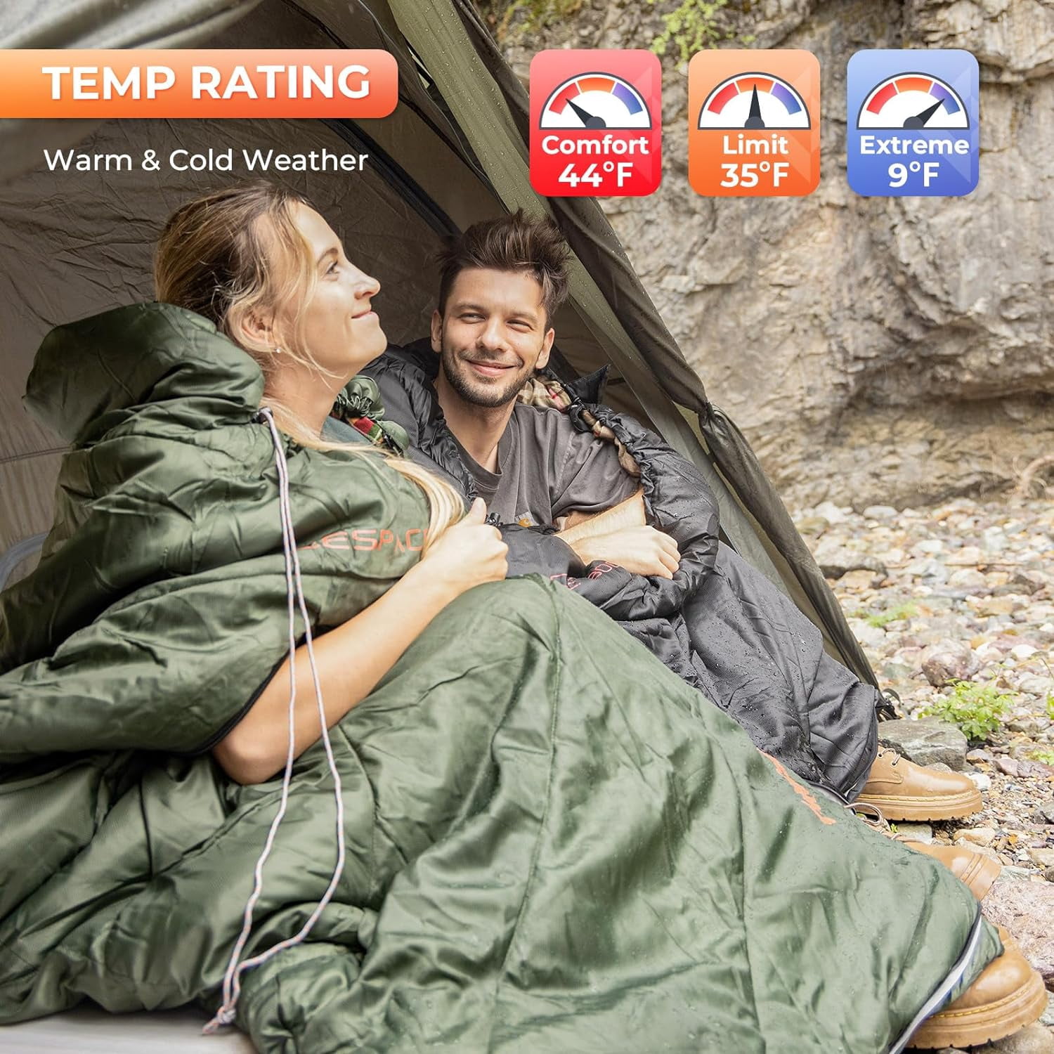 KingCamp Oversized Flannel Sleeping Bag for Adults, Portable Single Sleeping Bags for Camping with Flannel Lining & Armhole , 9°F-44°F, Black