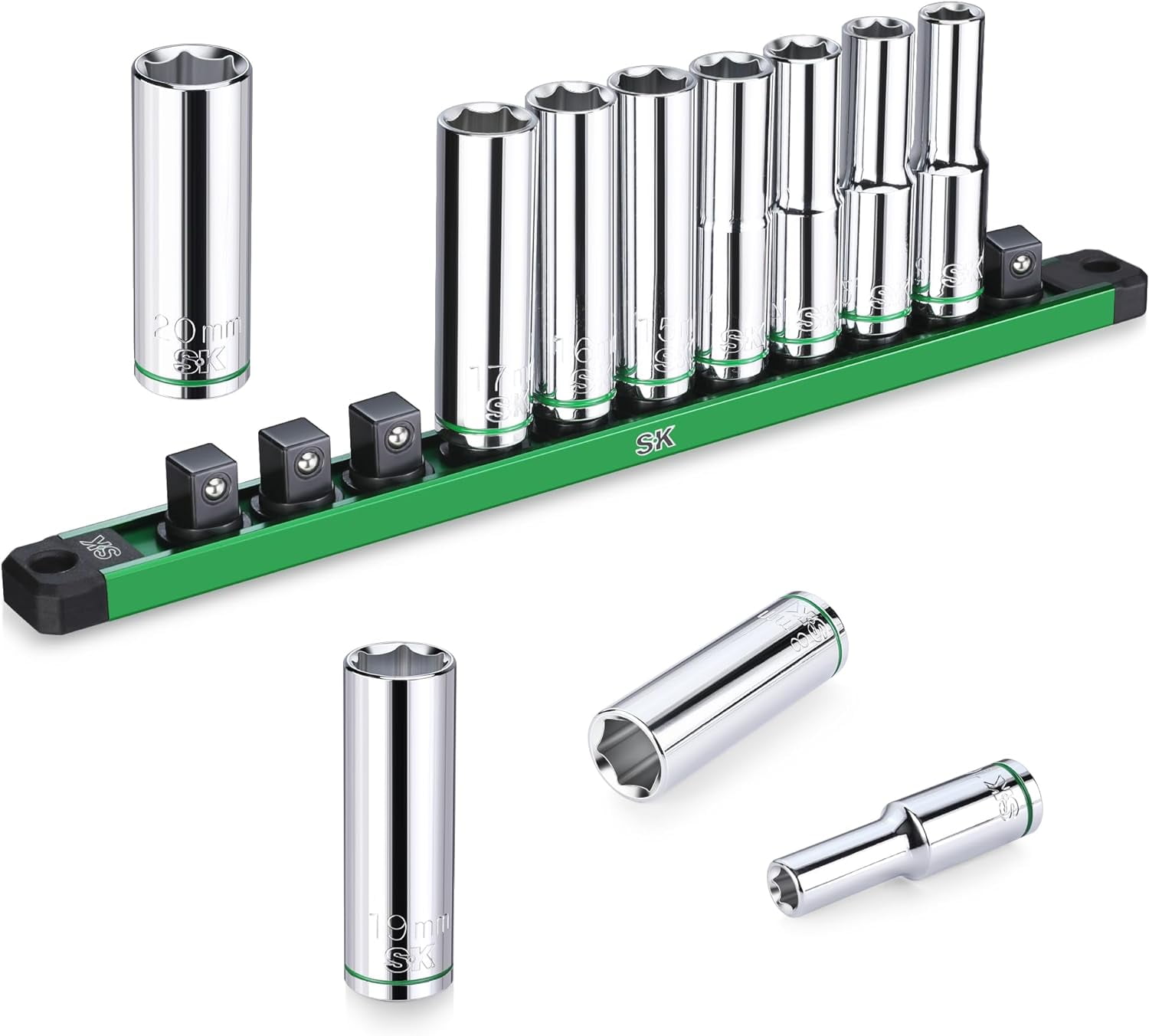 SK 1/2" Drive Socket Set, Deep Metric Sockets, 11-Piece 10-20mm, SuperKrome Finish, Preminum CR-V Construction, with Aluminum Socket Organizer