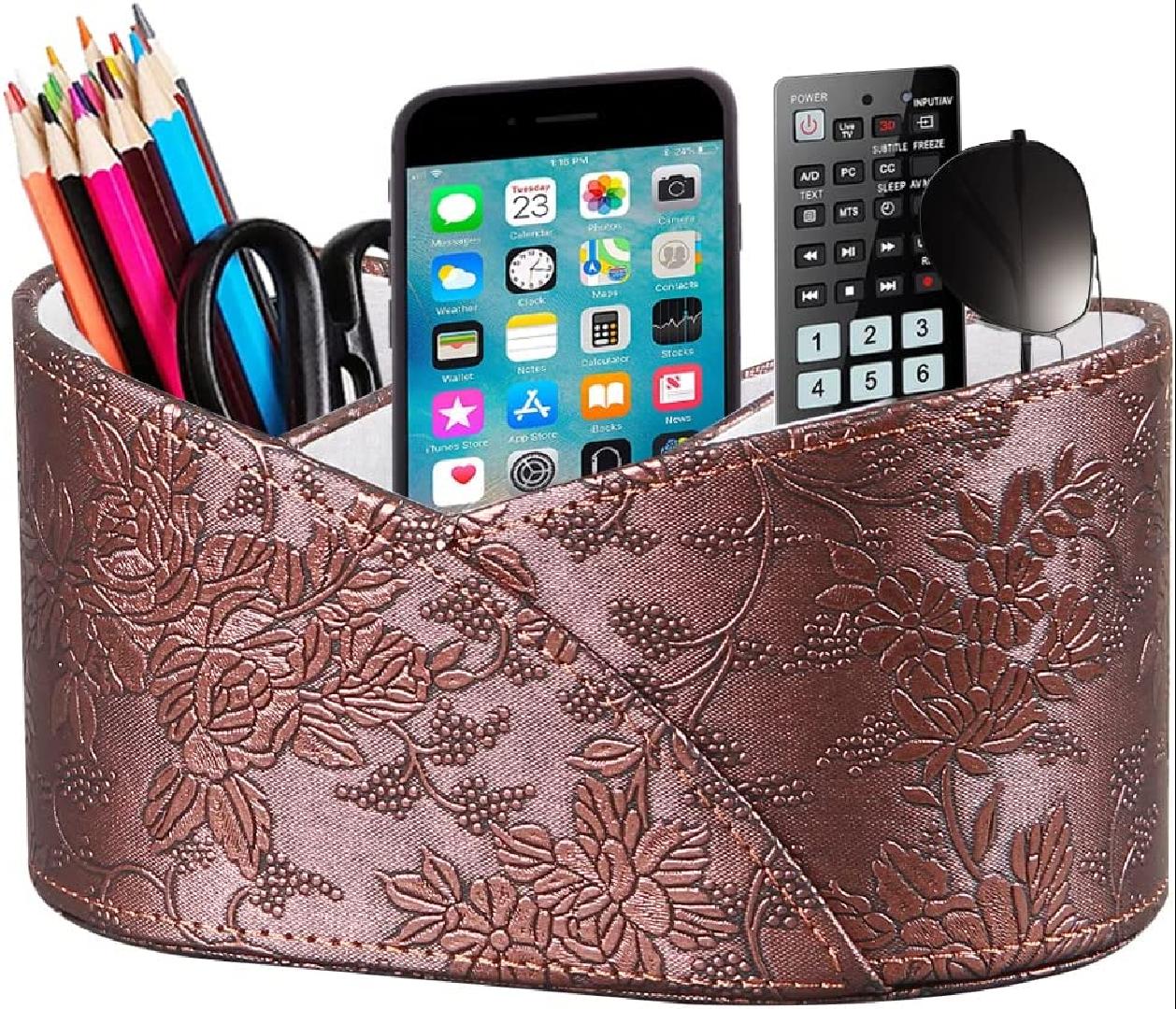 TV Remote Control Holder with 3 Compartments,Pu Leather Remote Storage