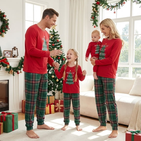 AIGUR Family Matching Christmas Pajamas Set Tree Letter Plaid Print Holiday Pajamas Sleepwear Dad Mom Kids PJs