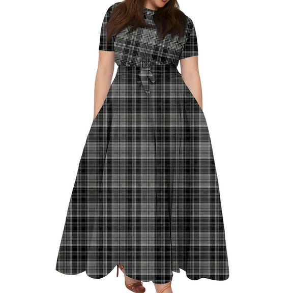 Women's Plus Size Casual Fashion Striped Plaid Print Round Neck Short Sleeve Pocket Tie-Waist Swing Dress - Dark Gray XXL