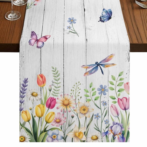 Table Runners 72 Inches Long Dress Scarves, Wildflowers Farmhouse Kitchen Table Runner, Coffee Tablerunners, Spring Farmhouse Tulip Floral Leaf Wooden Grain 16x72 Inch