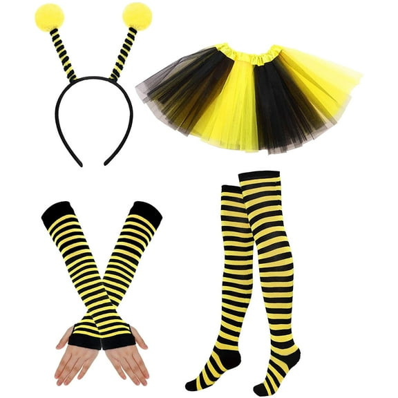 Coerni Carnival Bee Outfits 4PCS for Girls, Tutu Skirt Headband Fingerless Long Arm Warmer Leg Warmer Striped Socks Clothes