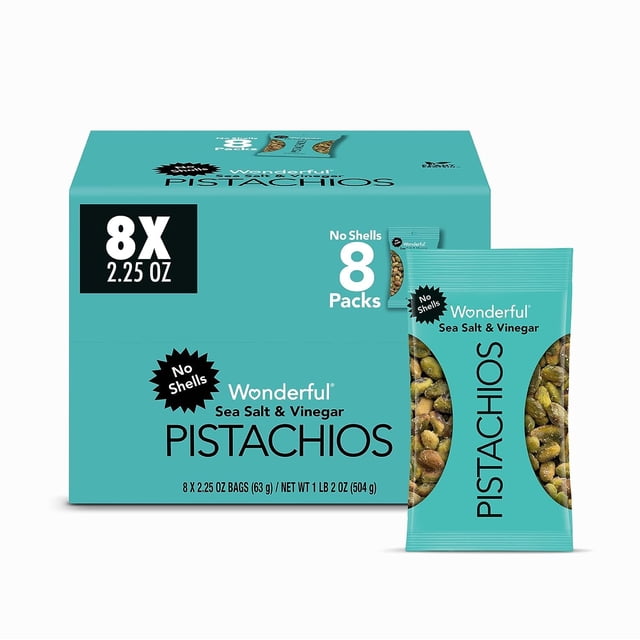 Wonderful Pistachios, Pistaches Sin Cáscara, Con Sal de Mar y Vinagre, 63g, Paquete de 8 Bolsas, Snack
