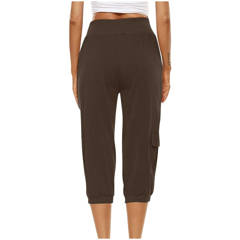 Capri Pants for Women Cotton Linen Plus Size Cargo Pants Capris Elastic  High Waisted 3/4 Slacks with Multi Pockets (3X-Large, Coffee) 