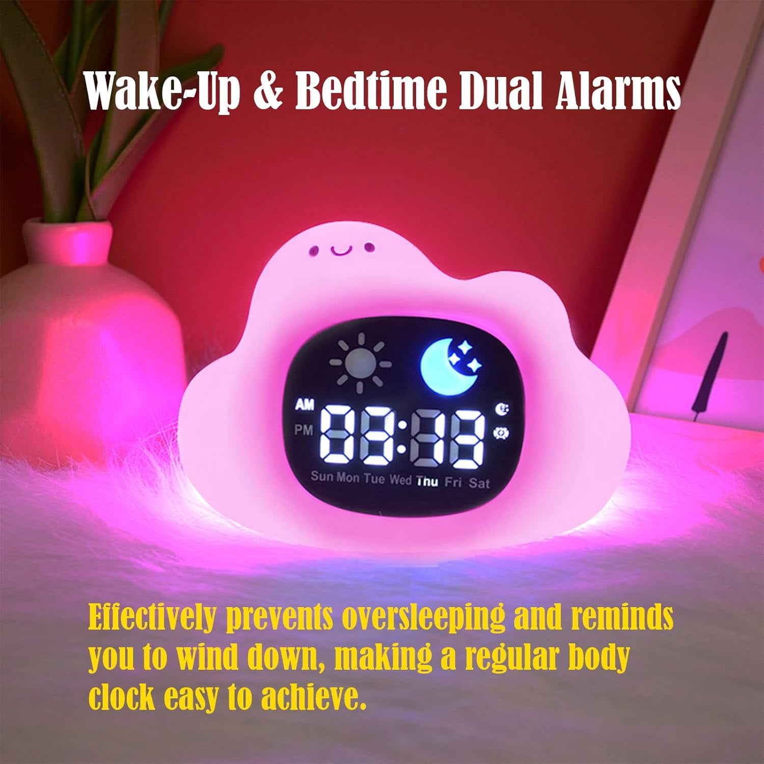 Cloud Alarm Clock with Night Light, USB Rechargeable Sleep Trainer with 6 Music Modes for Bedroom