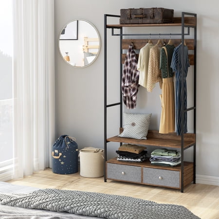 Homfa Clothes Racks, 35.4" Garment Racks with 9 Hooks and 2 Drawer Hangers, Hall Tree 5 in 1 Coat Rack with Shoe Storage for Entryway Hallway, Walnut