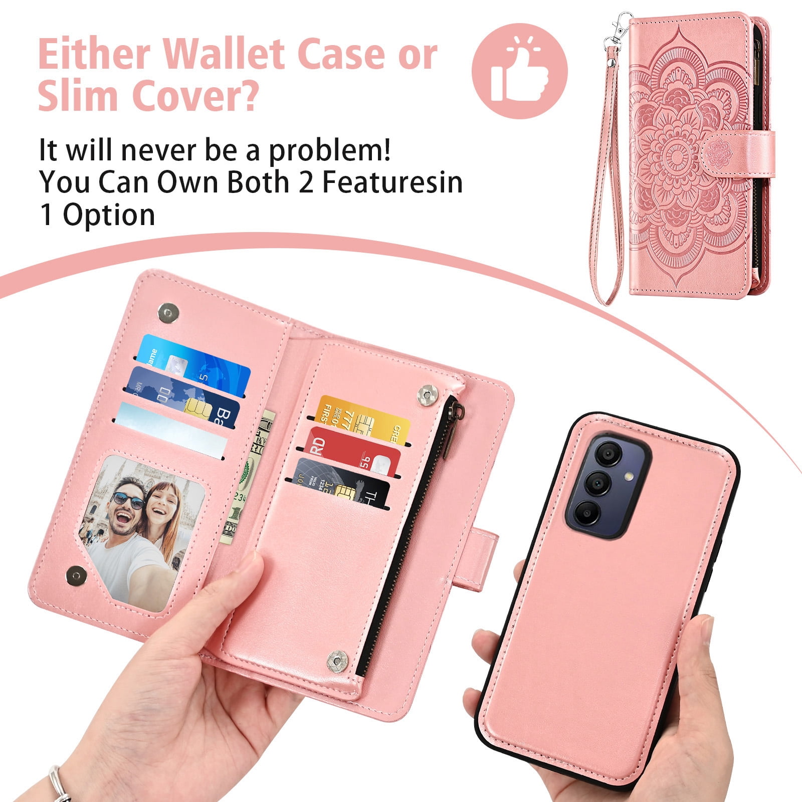 Asuwish Phone Case for Samsung Galaxy A15 5G/4G Zipper Wallet Magnetic Detachable Cell Cover with Tempered Glass Screen Protector Crossbody Strap Flower Card Holder Slot A 15 G5 15A Women Pink