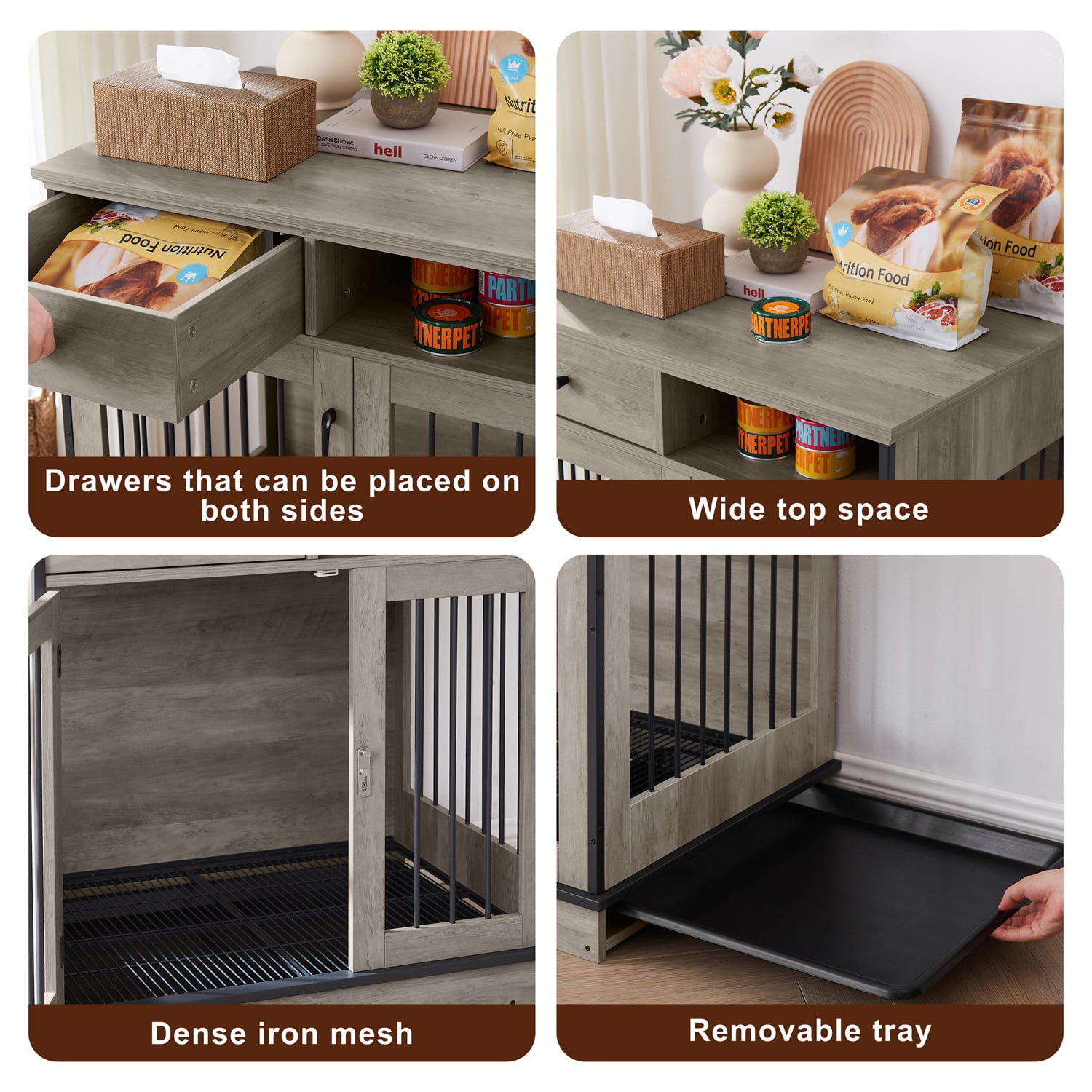 Pefilos 37.8" Furniture Style Dog Crates for Indoor, Pet Kennels with Removable Trays and 3 Adjustable Height Feeding Bowls, Heavy-Duty Dog Cage, Gray Pefilos 37.8" Furniture Style Dog Crates for Indoor, Pet Kennels with Removable Trays and 3 Adjustable Height Feeding Bowls, Heavy-Duty Dog Cage, Gray