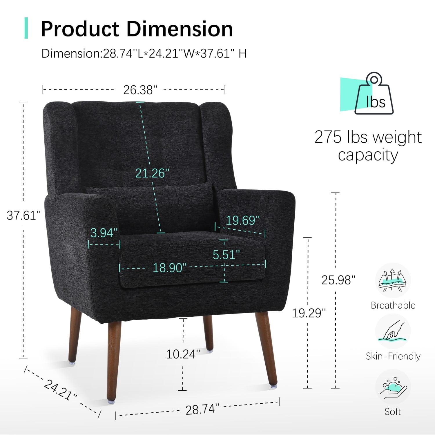 Modern Chenille Accent Chair with Pillow, Upholstered Armchair with Solid Wood Legs, Ergonomic Lounge Chair for Living Room, Bedroom, Reading Room, Small Space, Black
