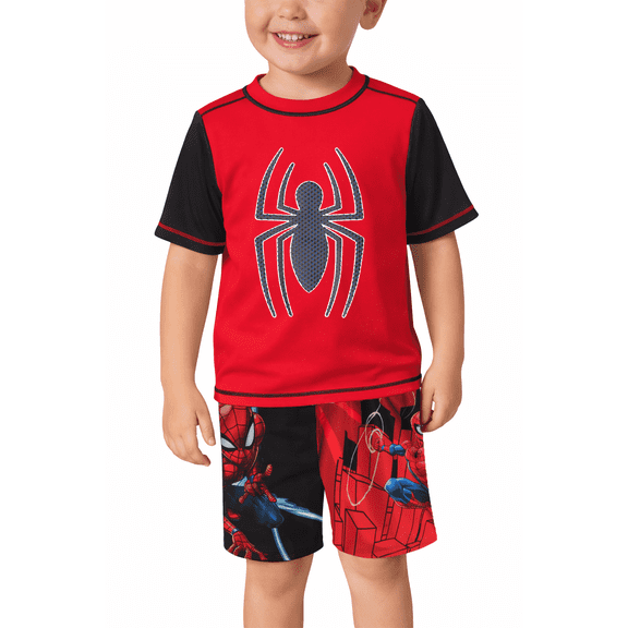 Marvel Spiderman Boys Rash Guard Set - 2 Piece UPF50 Quick Dry Swim Shirt & Swim Trunks for Boys