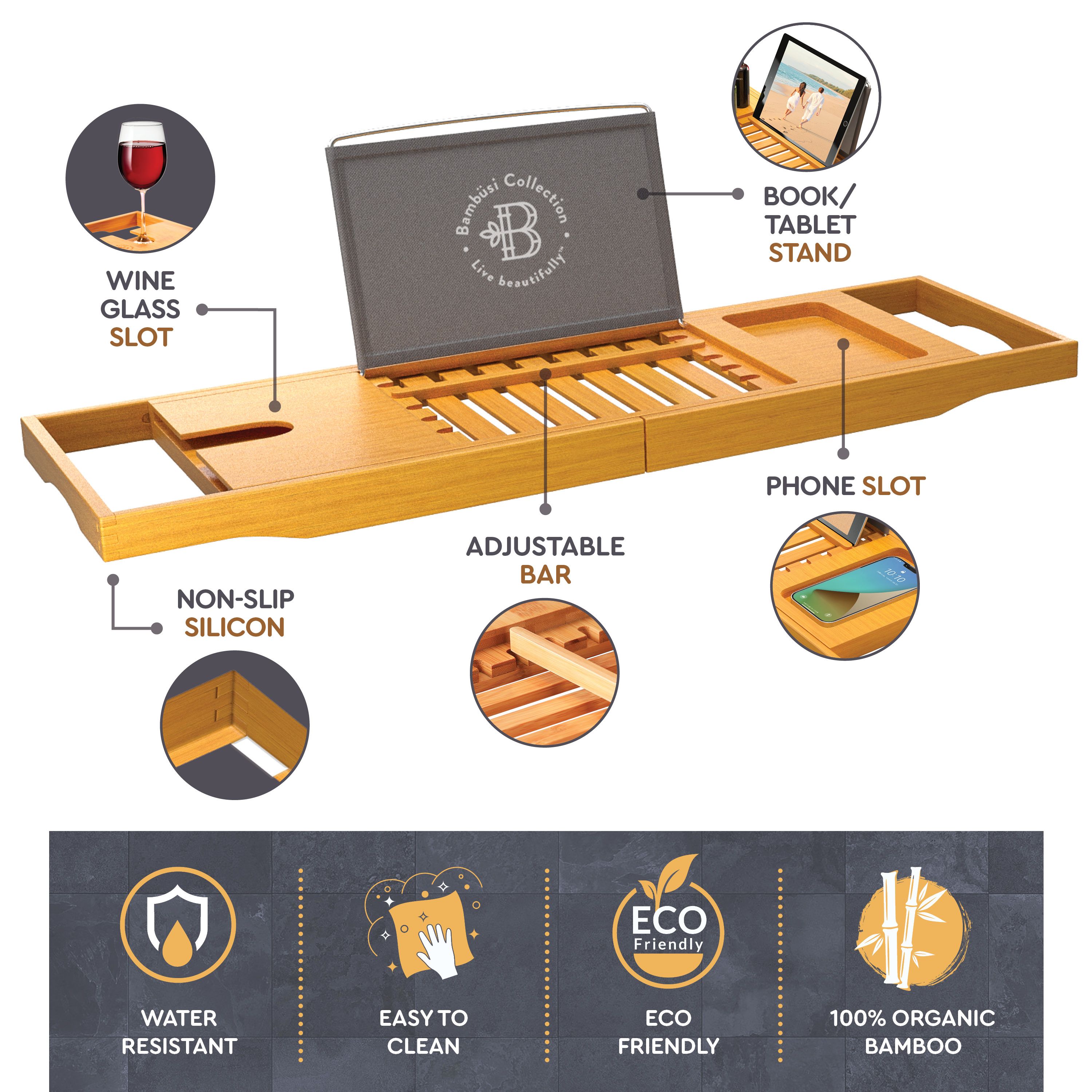 Bambusi Bamboo Bathtub Tray With Extending Sides, Reading Rack, Tablet Holder, Cellphone Tray & Integrated Wine Glass Holder. - image 3 of 8