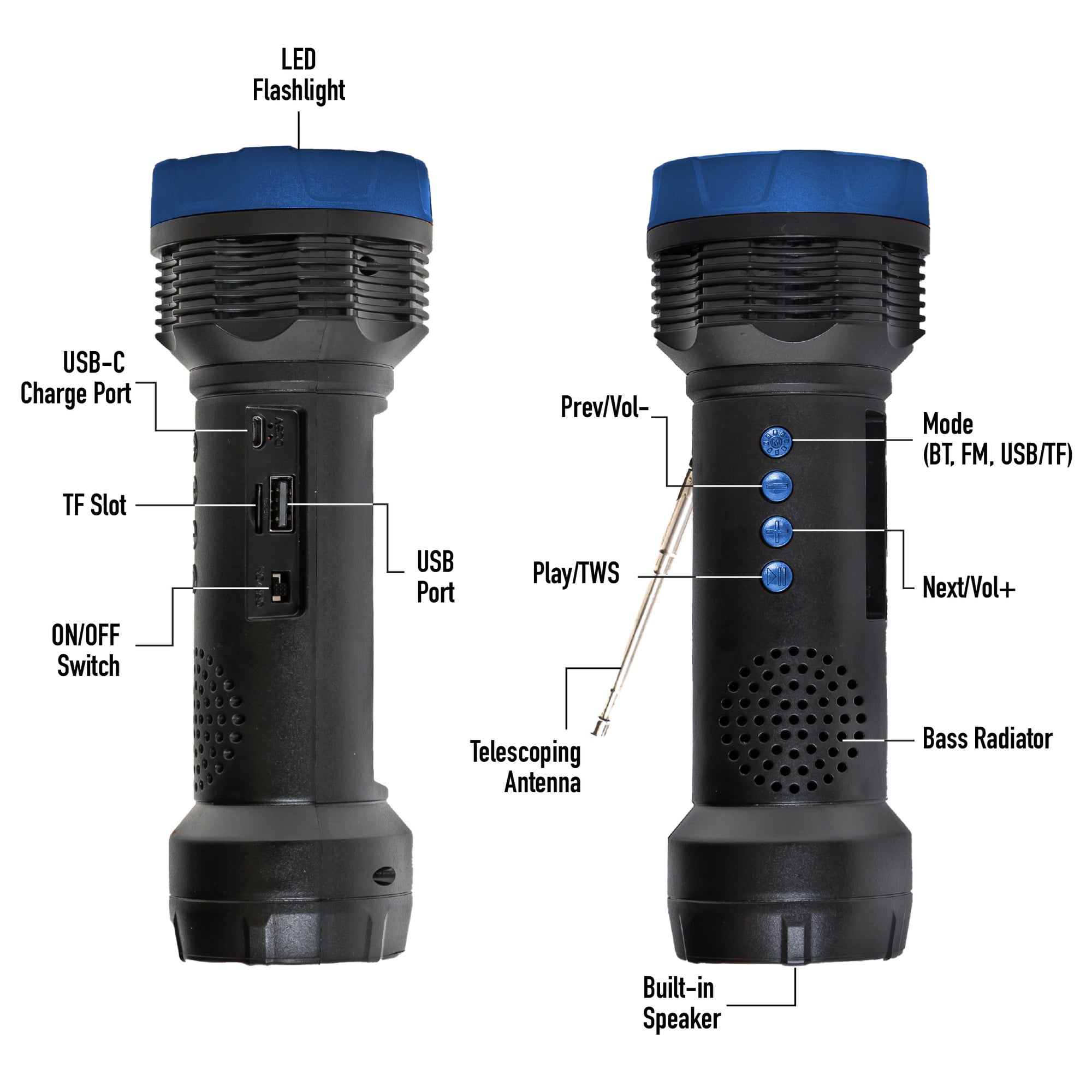 Audiobox FSL-200 Solar Rechargeable Flashlight with Bluetooth Speaker, FM Radio, TWS, and LED Light – Portable for Camping, Hiking, Travel Blue