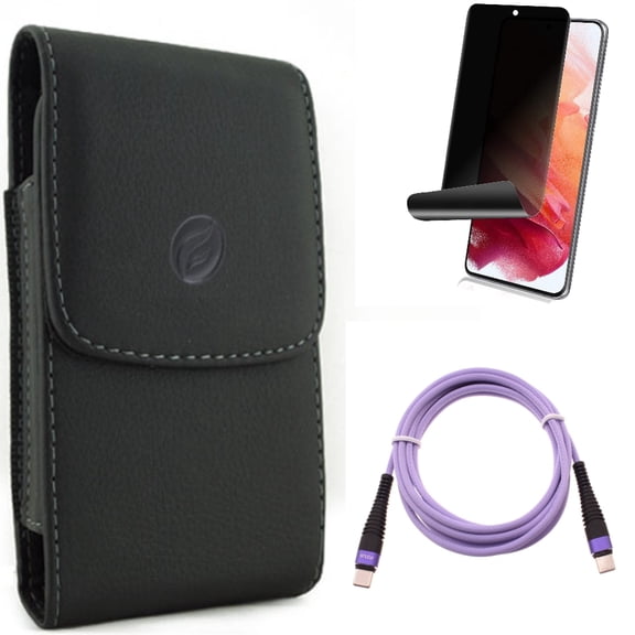 Case Belt Clip w Purple 6ft PD Cable w Privacy Screen Protector for Samsung Galaxy S21 Plus - Leather Holster, Type-C to USB-C Long Charger Cord, TPU Film Fingerprint Works Accessory Bundle