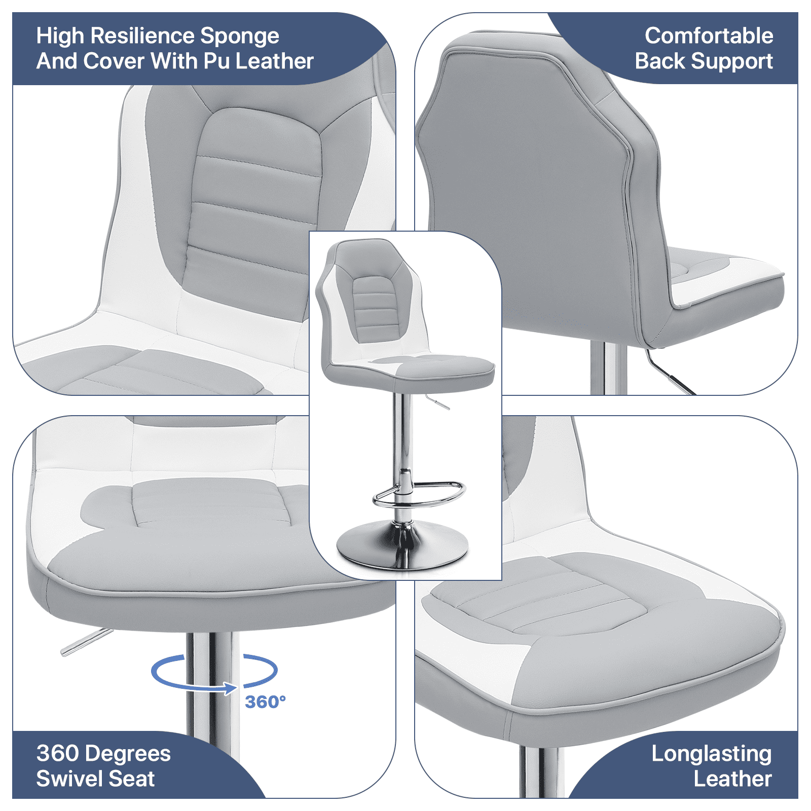 OSM 2-Pack Racing Style Bar Stools, Adjustable Height Swivel Gaming Chairs with High Back, Footrest & PU Leather, for Kitchen Island, Home Pub, Gray/White