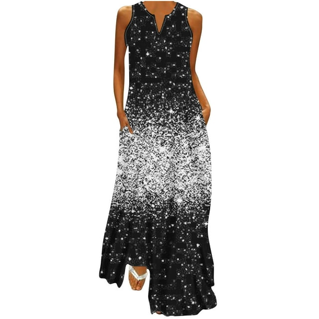 Dvkptbk Women's Summer Robe Maxi Sans Manches d'Été à Col en V Décontractée Boho, Robe Soleil, Ourlet à Imprimé Dégradé, Longue, Style Piste, Robes de Plage