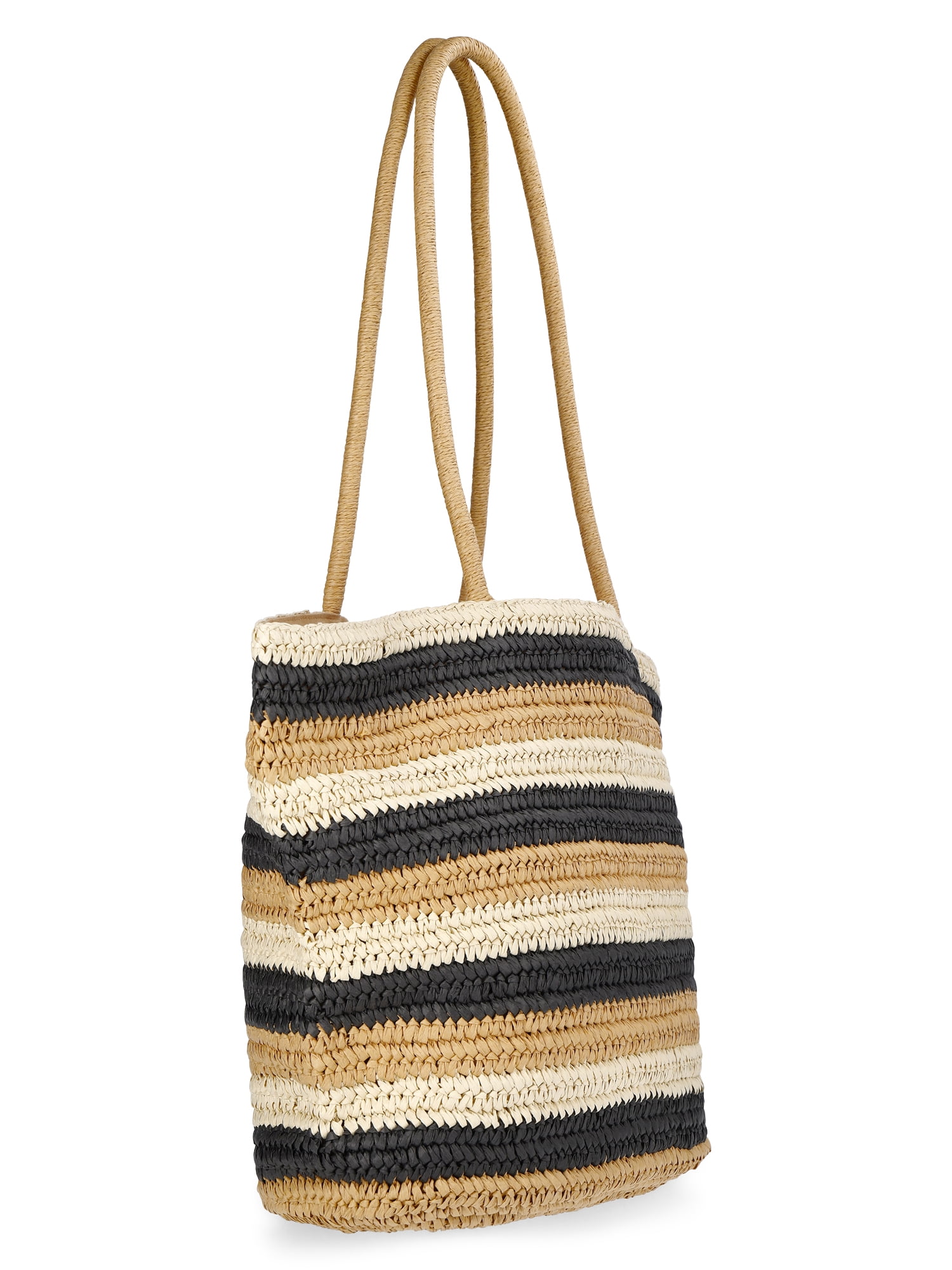Time and Tru Women's Striped Straw Tote Bag, Natural