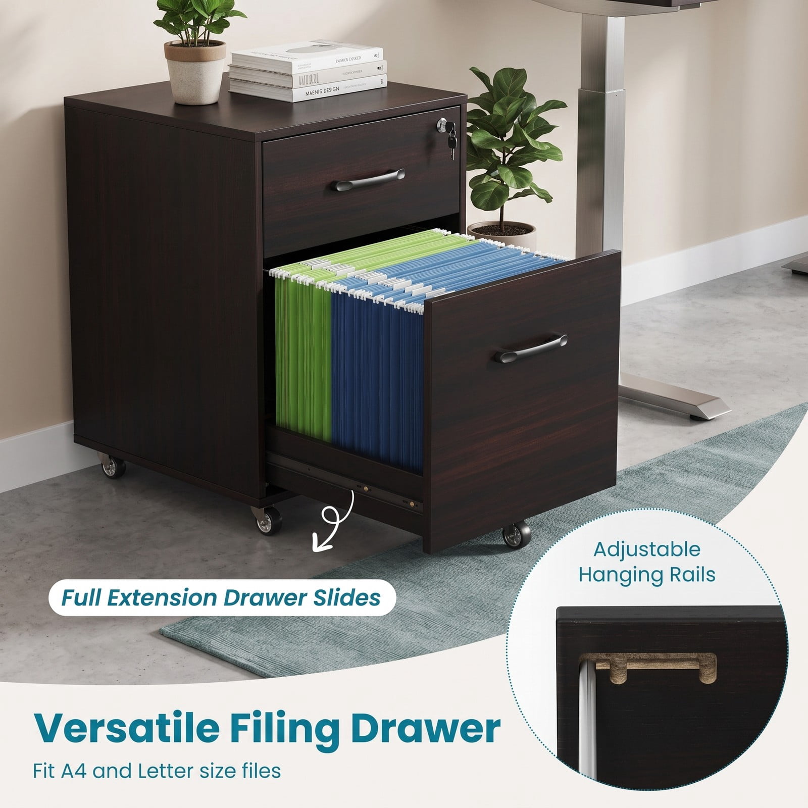 Furnibear 3-Drawer Mobile Lateral File Cabinet Printer Stand, Rolling Wood Filing Cabinet with Lockable Casters and Adjustable Shelf for Home Office, Fits, Dark Brown