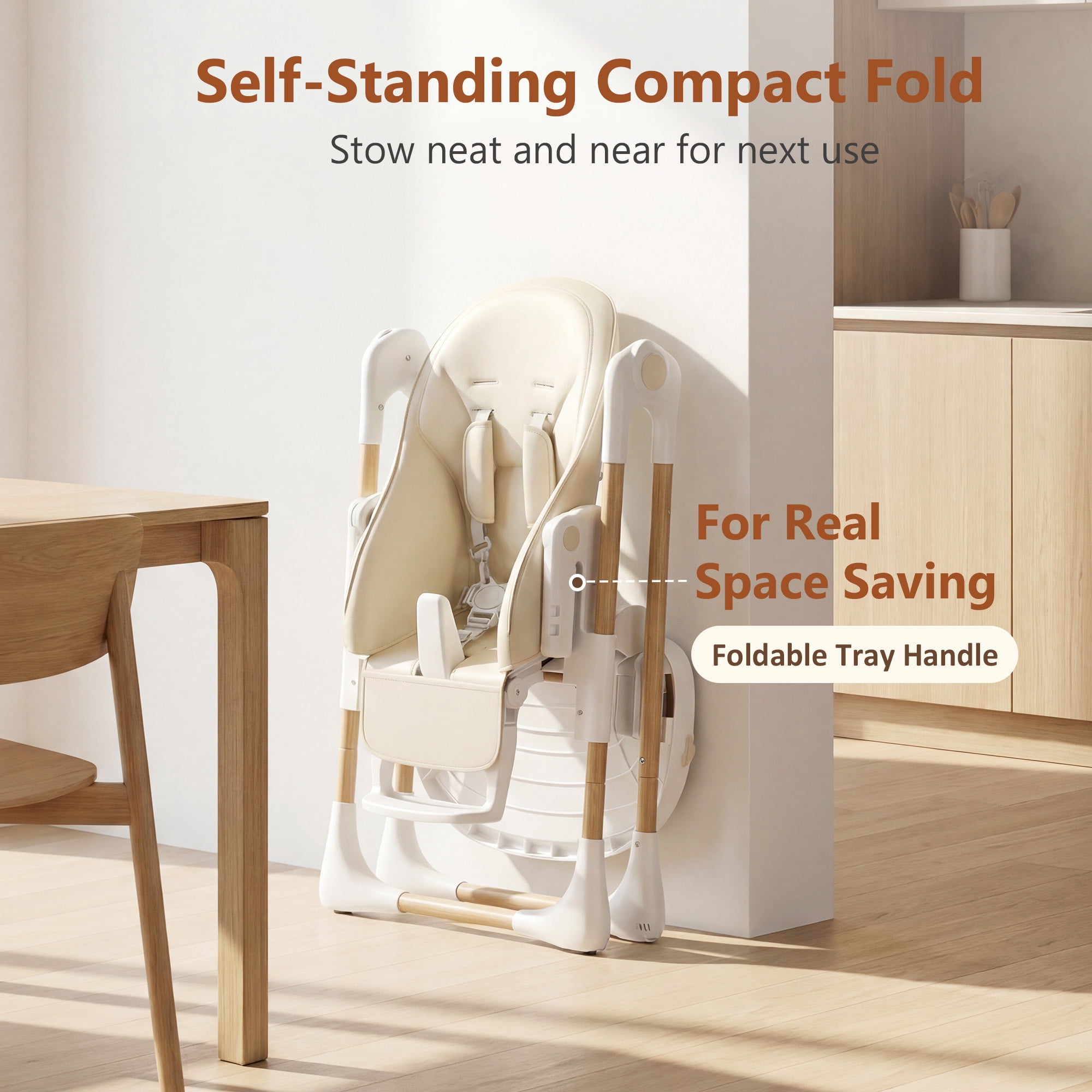 LINLUX Foldable High Chair for Babies, Toddler Eating Chair with Detachable Double Trays, Beige