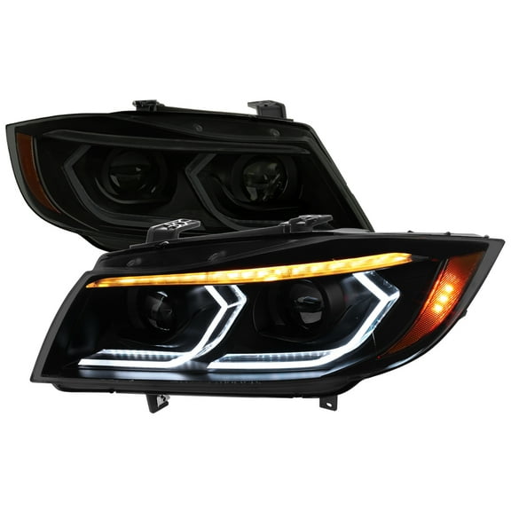 3D Iced LED Dual Projector Headlights (Black Housing/Smoke Lens) Made for and Compatible with 2006-2011 BMW E90 3 Series Sedan