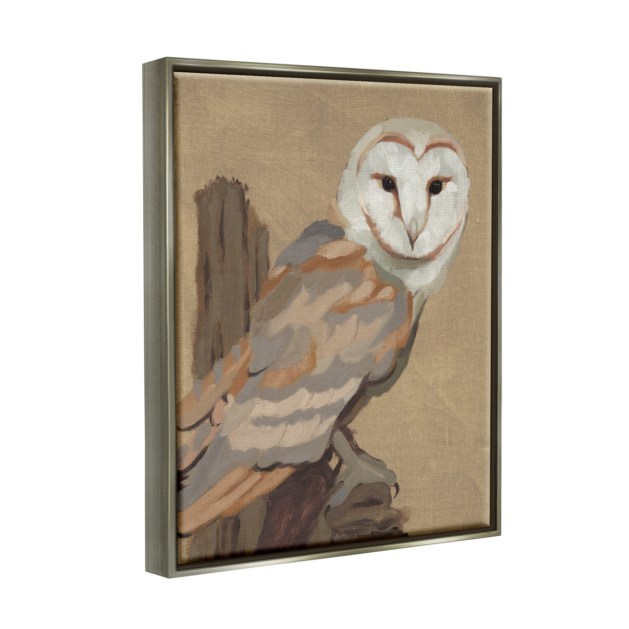 Stupell Industries Barn Owl Bird Perched Gazing Wildlife Animal Painting Painting Luster Gray Floating Framed Canvas Print Wall Art, Design by Jacob Green