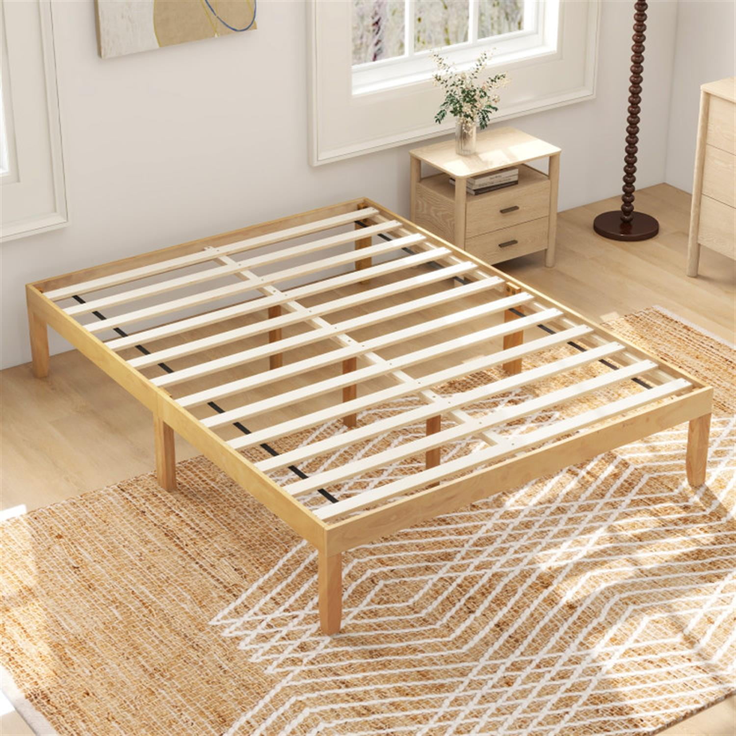 Demi Bonn Full Size Bed Frame with Wooden Slats Support and Rubber Wood Legs, Acacia Wood Platform Bed Frame with Under Bed Storage, No Box Spring Needed, Beige