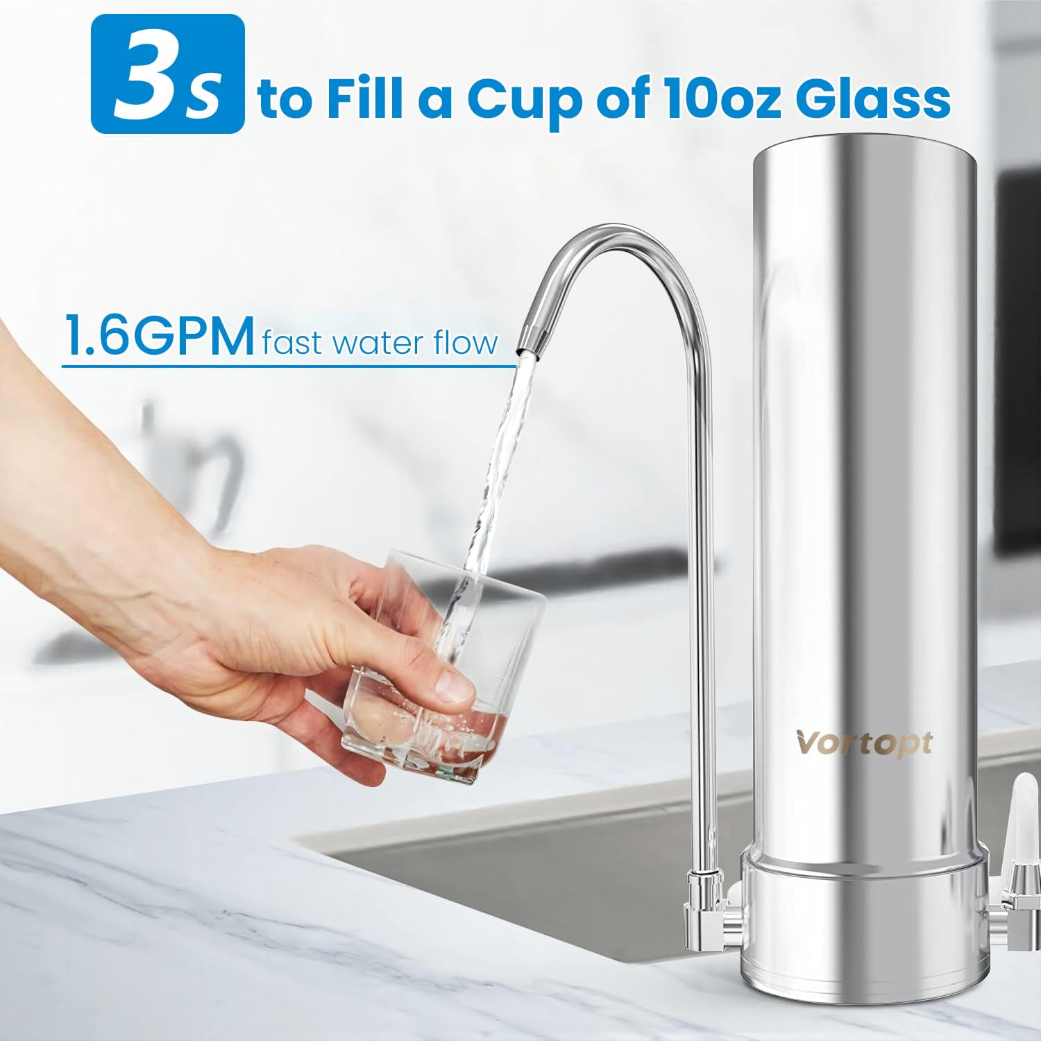 Vortopt F7 100% Stainless Steel Countertop Water Filter System, 5-Stage Faucet Water Filter, Removes 99% of Chlorine, Heavy Metals, Water Sediment Filter, 8000 Gallons Capacity (1 Filter Included)