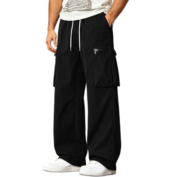 Hurxie Men's Baggy Cargo Pants Casual Loose Fit Wide Leg Pants with Elastic Drawstring Waist Black,2XL