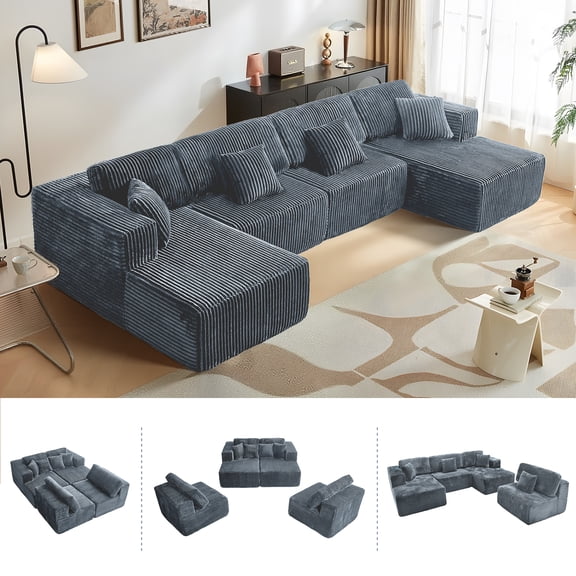 143.3'' U-Shaped Modular Sectional Sofa, Convertible Corduroy Floor Couch with Movable Ottomans, Oversized 6-Piece No Assembly Sectional for Living Room or Apartment, Grey