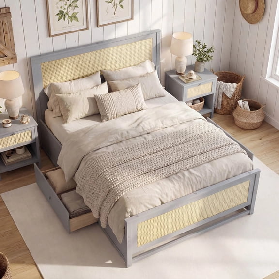 DRAZUNO Full Size Rattan Bed Frame w/Storage Drawers, Rattan Woven Headboard & Footboard