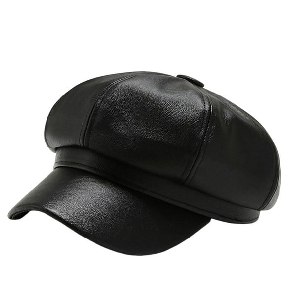 Women Spring Summer Beret Retro Solid Color Faux Leather Short Brim Decorative Sun Anti UV Breathable Lady Painter Hat Unisex Octagonal Cap Black