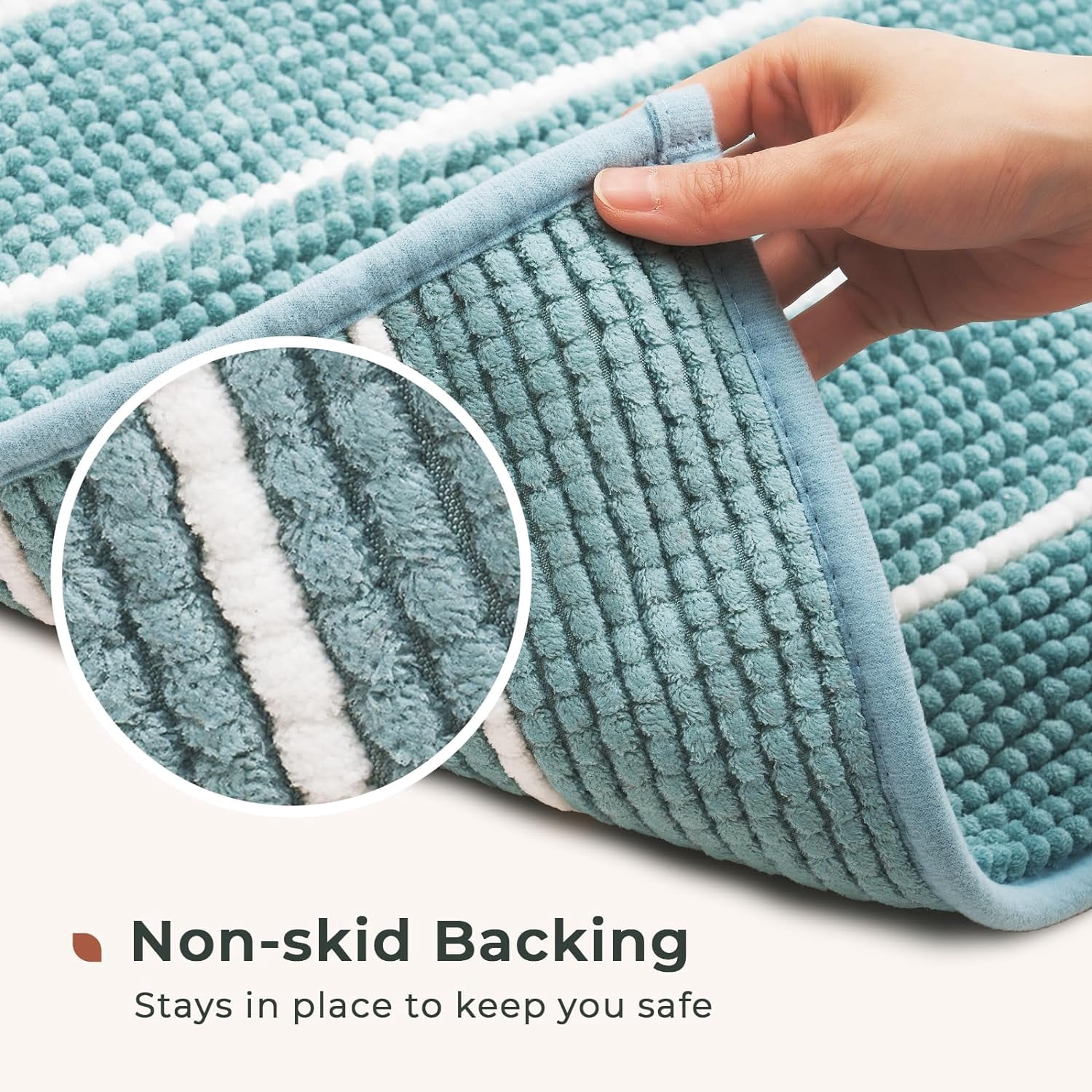 Stripe Chenille Bathroom Rugs Set 2 Piece 17"x24"+20"x32", Water Absorbent Soft Bath Mat for Bathroom, Non Slip Bath Rug Washable Quick Dry Shower Mats, Aqua Blue and White