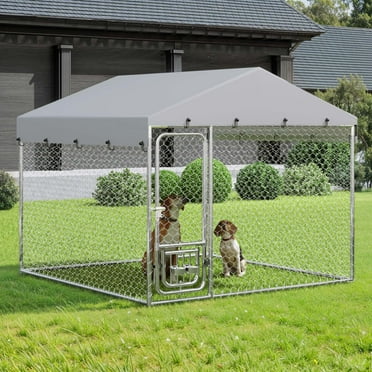 Dextrus 7.5'x7.5' Outdoor Dog Kennel, Outdoor Dog Enclosure with Rotating Feeder Bowls & Roof, Heavy Duty Dog Kennel for Backyard Farm