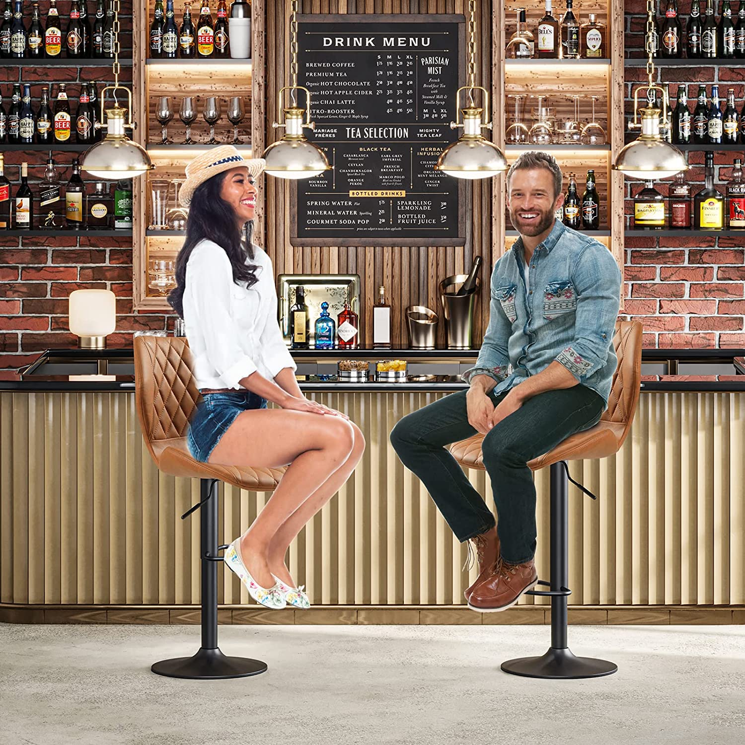 Afuhokles Set of 4 PU Leather Bar Stools Kitchen Dining Bar Chairs Rustic Low Back Brown