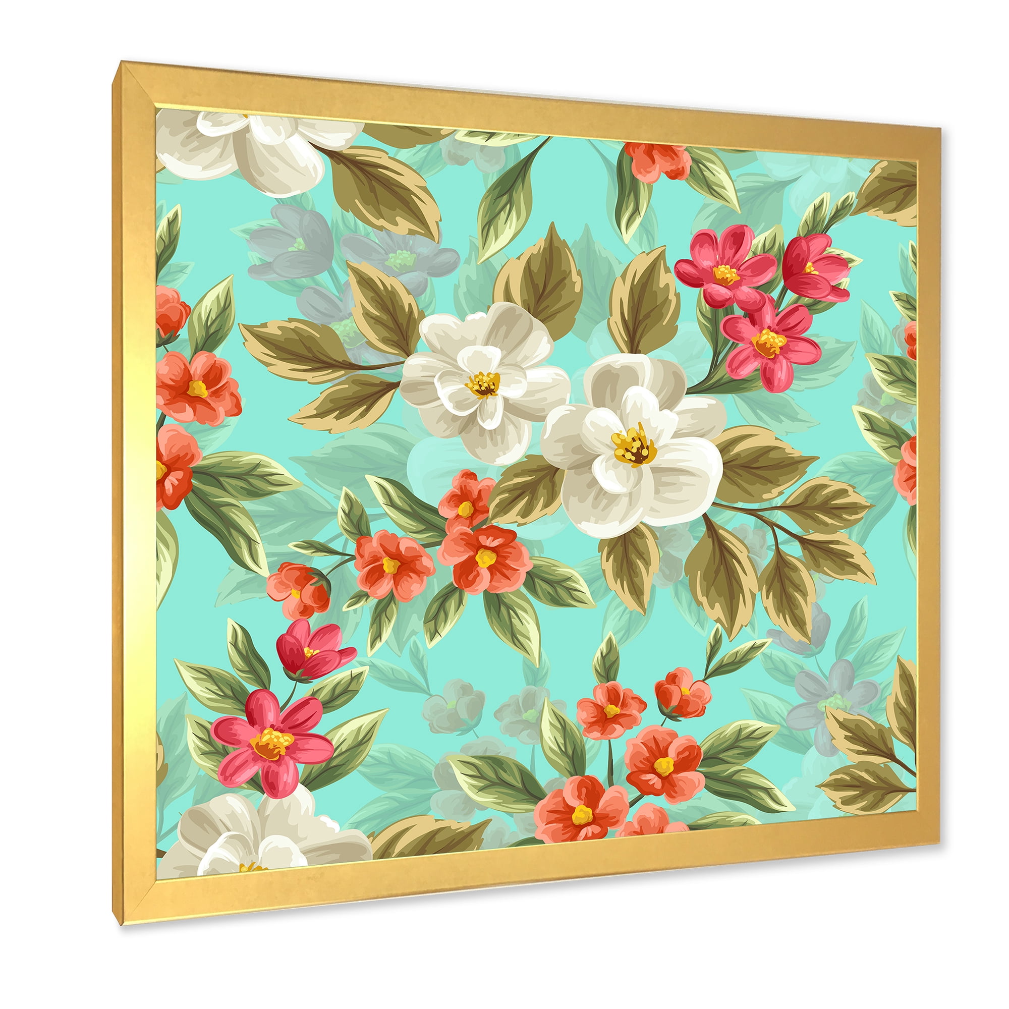Designart 'Red and White Floral Seamless Pattern' Traditional Framed Art Print