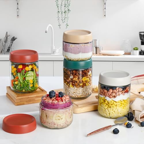 Set of 4 Glass Overnight Oats Jars with Lids, 16oz Reusable Meal Prep Containers for Chia Pudding, Baby Food, and Portable Breakfast To-Go